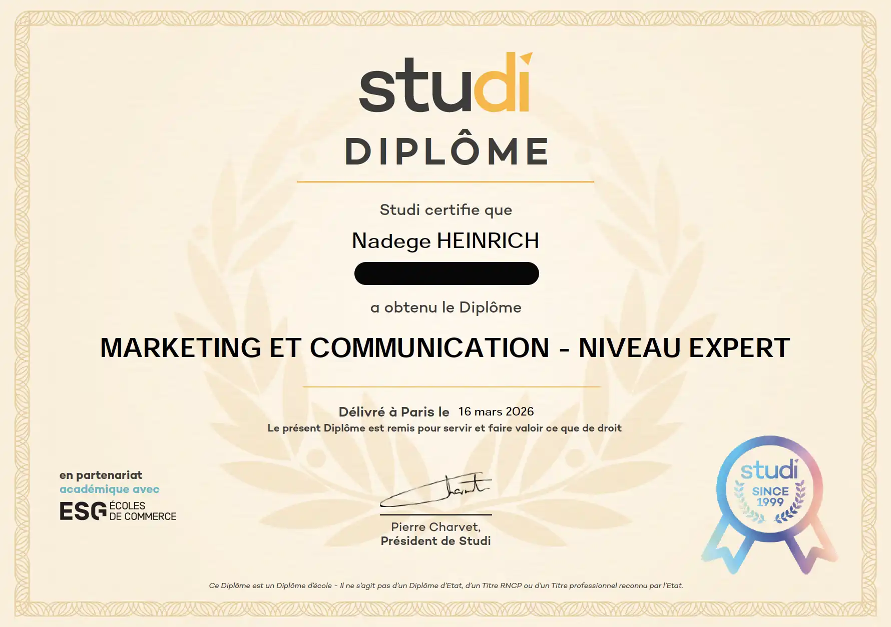 Diplome MBA Marketing et Communication Nadege HEINRICH